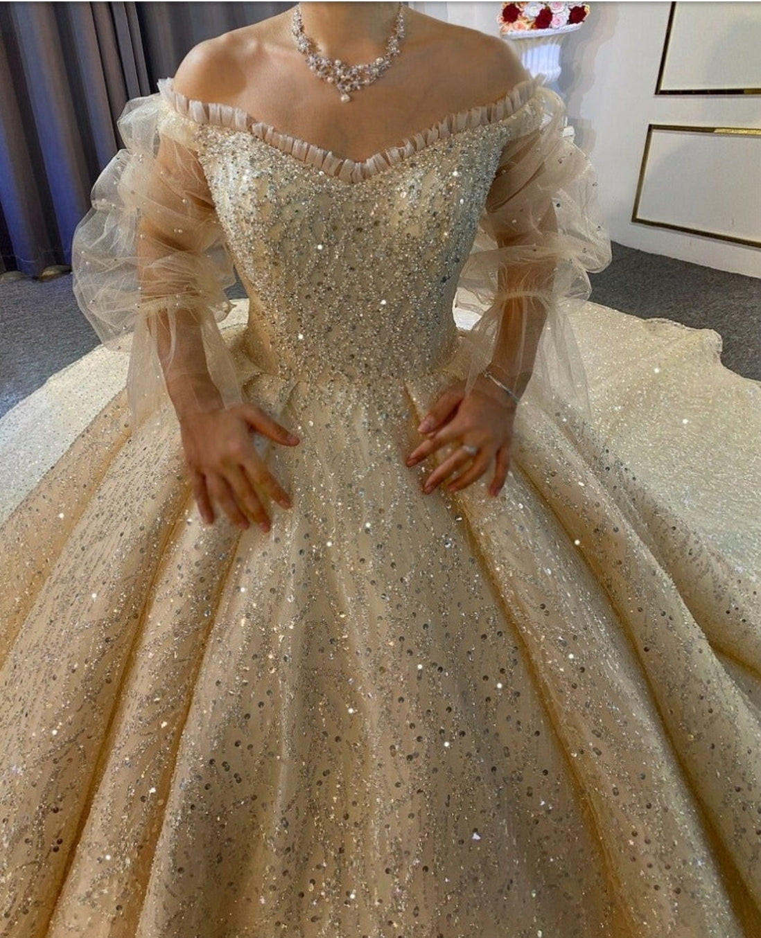 Shimmering Tulle Trimmed Sweetheart Sheer Full Sleeve Wedding Ball Gown