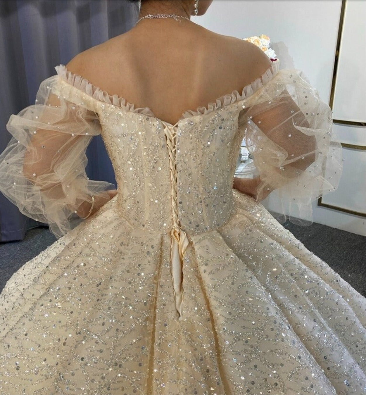 Shimmering Tulle Trimmed Sweetheart Sheer Full Sleeve Wedding Ball Gown