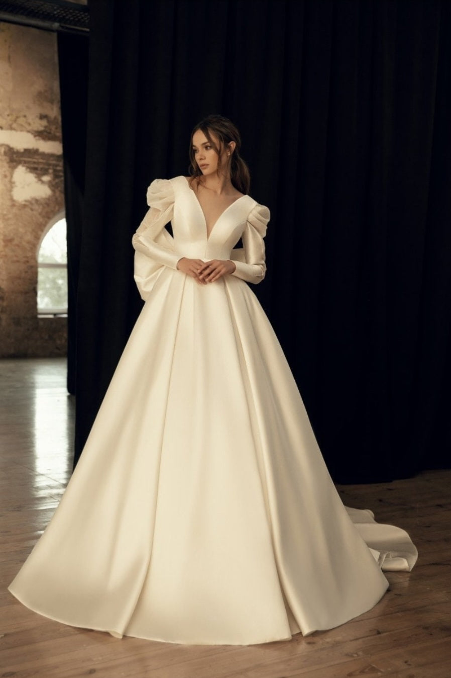 Long Sleeve Deep V Illusion Neck Dramatic Bow Knot Open Back Gown