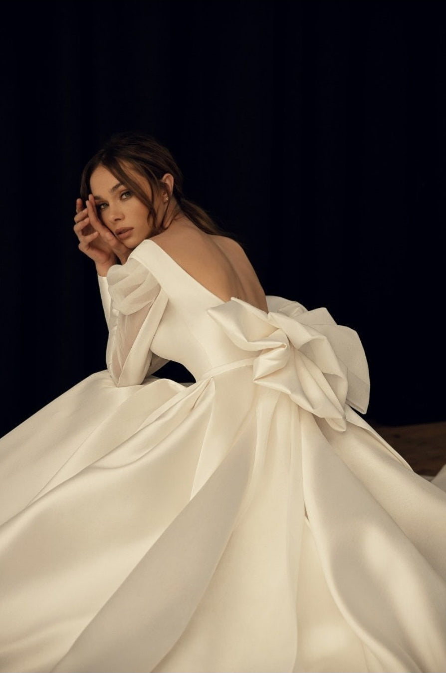 Long Sleeve Deep V Illusion Neck Dramatic Bow Knot Open Back Gown