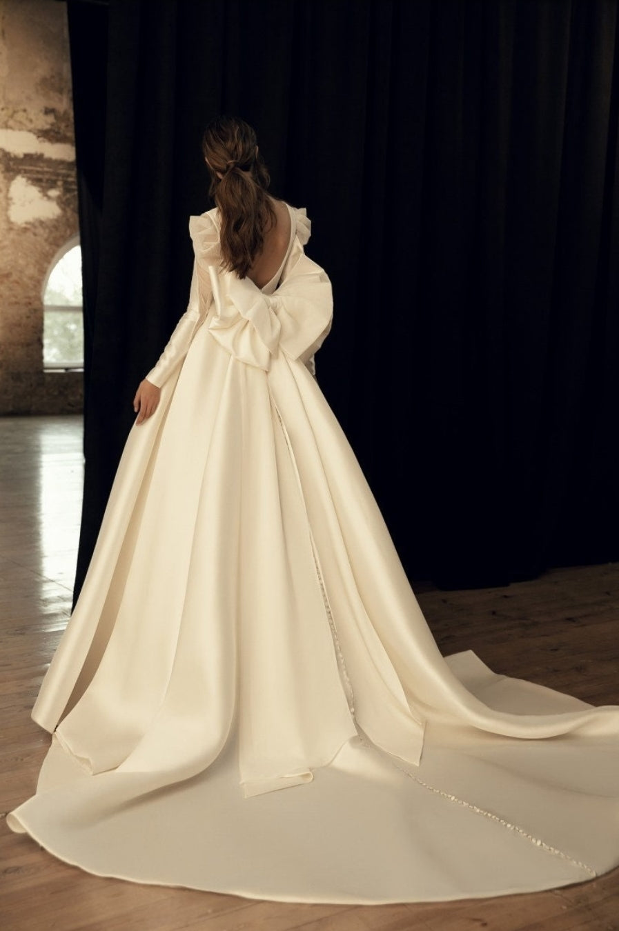 Long Sleeve Deep V Illusion Neck Dramatic Bow Knot Open Back Gown
