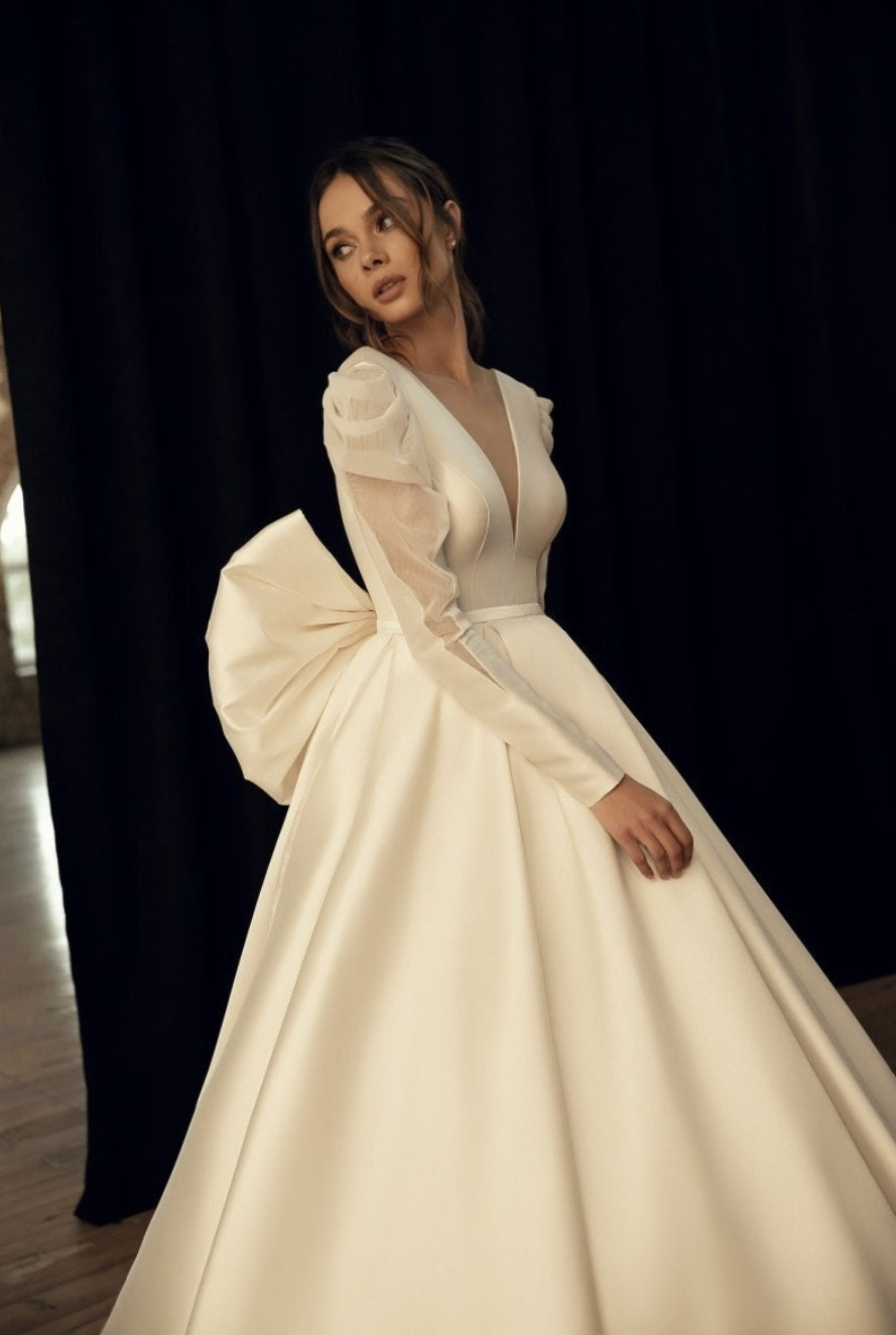 Long Sleeve Deep V Illusion Neck Dramatic Bow Knot Open Back Gown