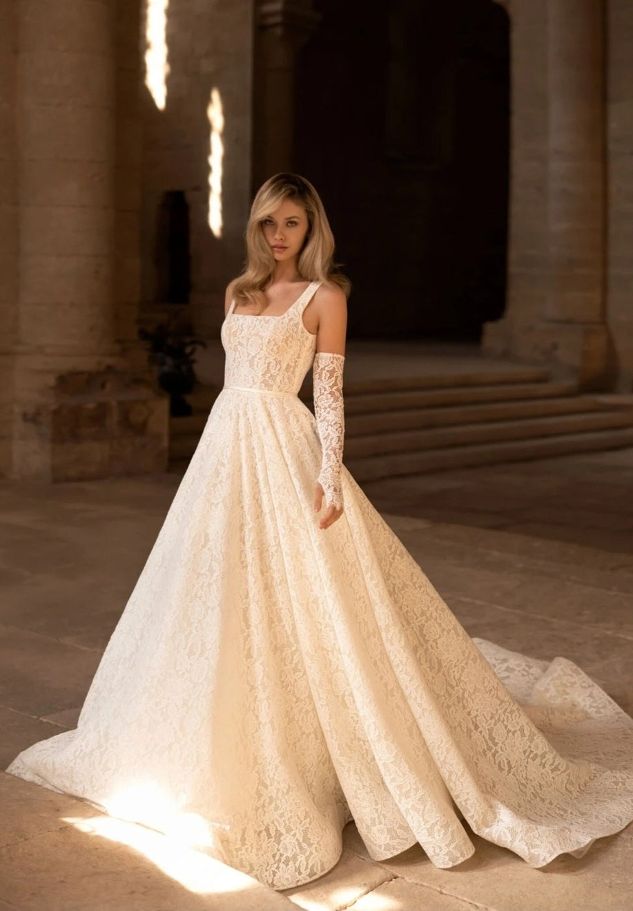 Sleeveless Square Neck Full Floral Lace With Natural Waistline And Matching Detached Sleeves