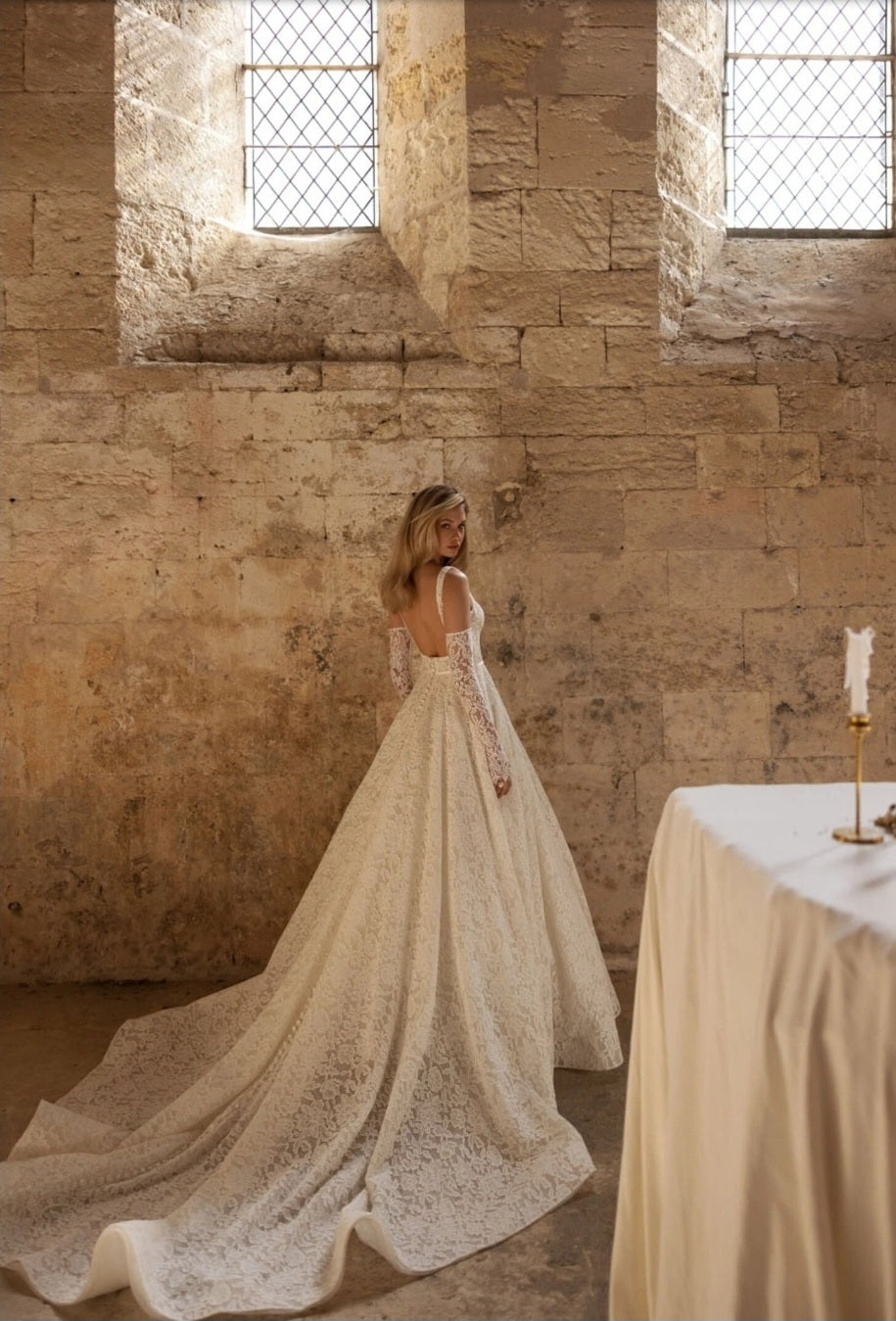 Sleeveless Square Neck Full Floral Lace With Natural Waistline And Matching Detached Sleeves