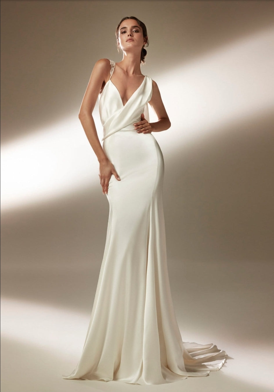 Sleeveless Crossed V Neck Beaded & Embroidered Illusion Back Gown