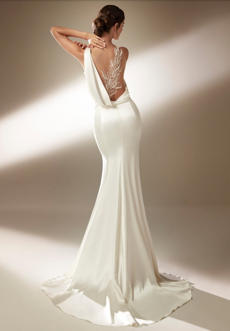Sleeveless Crossed V Neck Beaded & Embroidered Illusion Back Gown