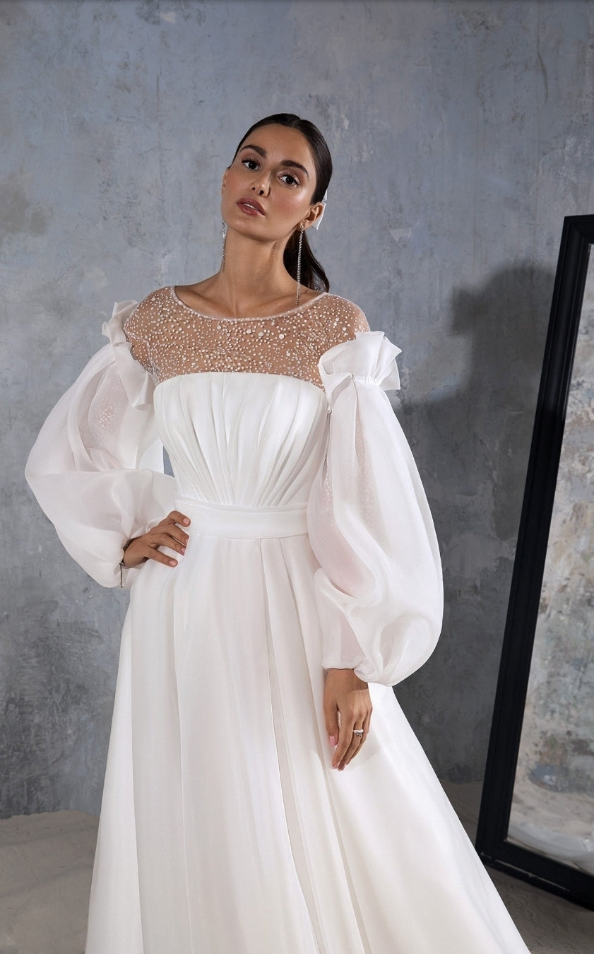 Shimmery Dotted Double Layer 3/4 Sleeve Pleated Bodice Gown