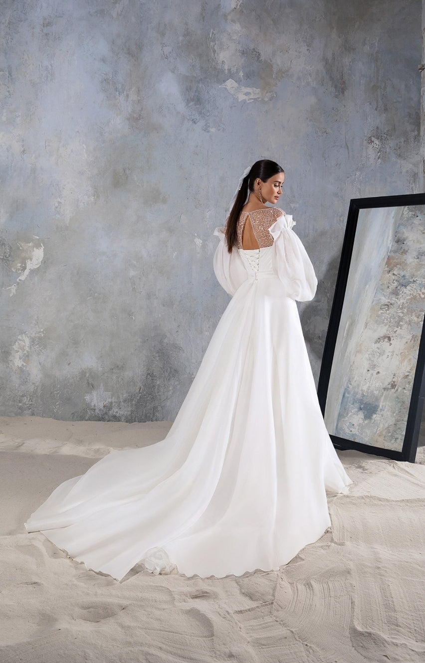 Shimmery Dotted Double Layer 3/4 Sleeve Pleated Bodice Gown