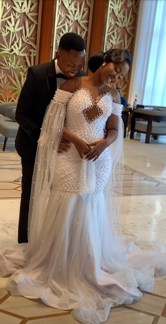 Detached Pearl & Tulle Floor Length Trailing Bicep Sleeves