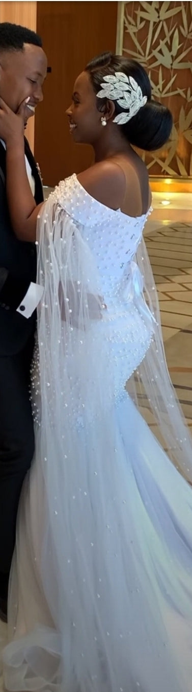 Detached Pearl & Tulle Floor Length Trailing Bicep Sleeves