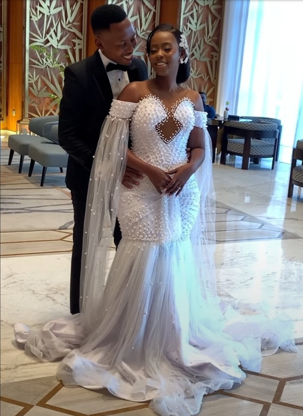 Detached Pearl & Tulle Floor Length Trailing Bicep Sleeves