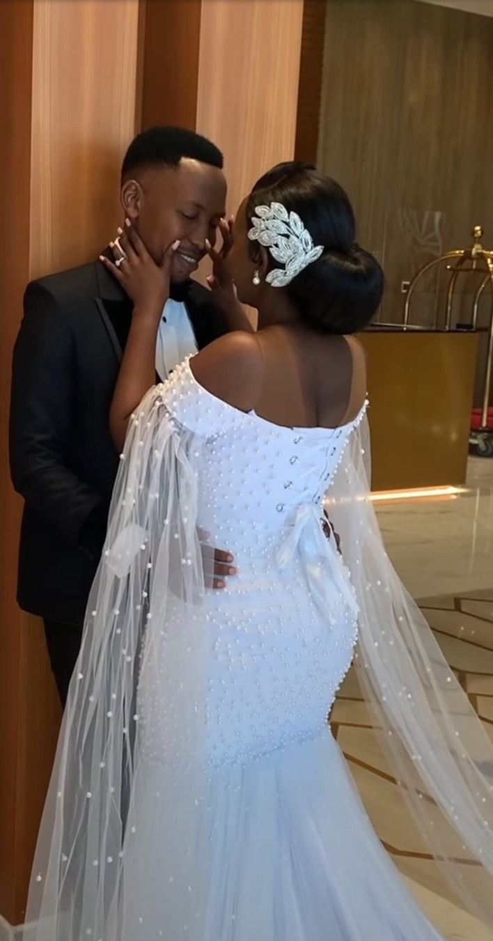 Detached Pearl & Tulle Floor Length Trailing Bicep Sleeves