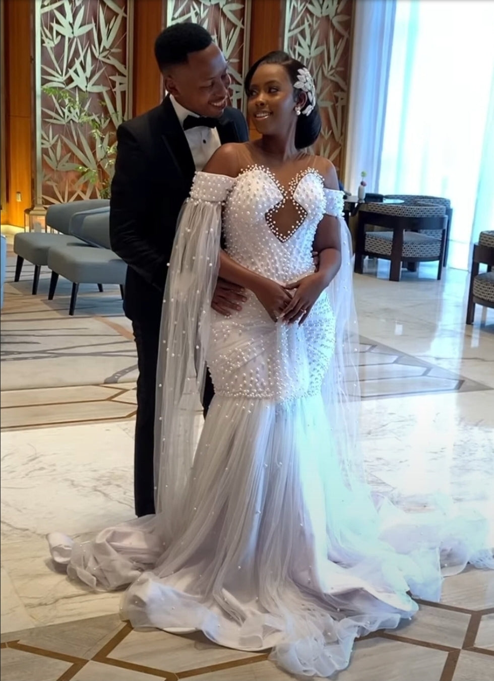 Detached Pearl & Tulle Floor Length Trailing Bicep Sleeves