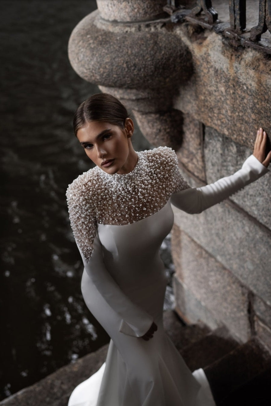 Half Sheer V Cut Sequin & Pearl Beaded Long Sleeve Satin Mix Pleated High Waisted Trumpet Gown