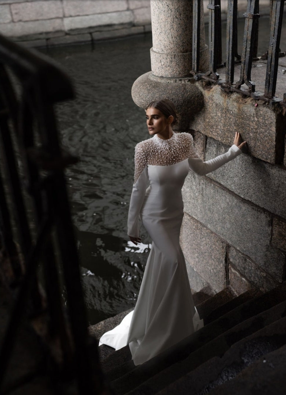 Half Sheer V Cut Sequin & Pearl Beaded Long Sleeve Satin Mix Pleated High Waisted Trumpet Gown