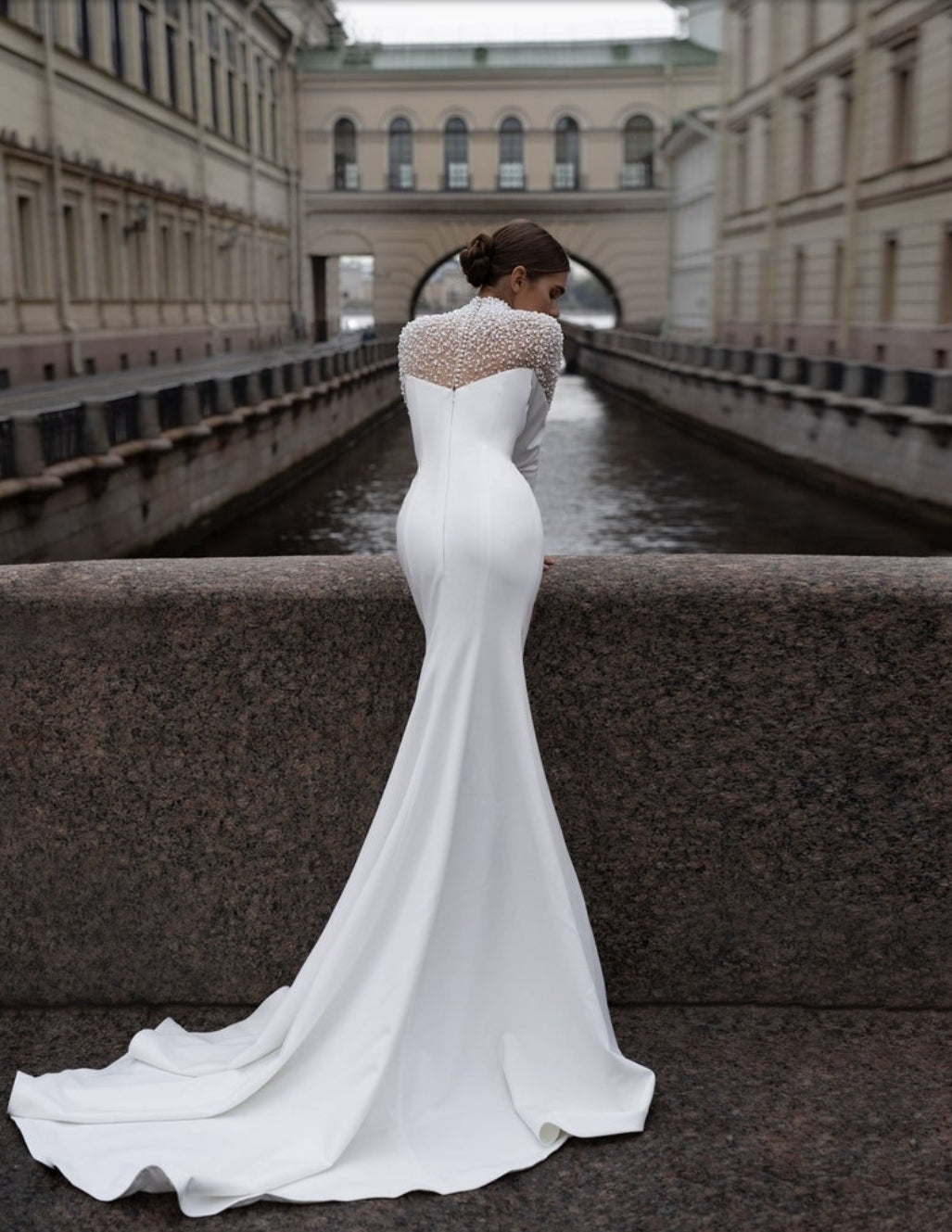Half Sheer V Cut Sequin & Pearl Beaded Long Sleeve Satin Mix Pleated High Waisted Trumpet Gown