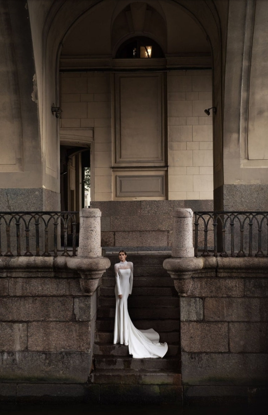 Half Sheer V Cut Sequin & Pearl Beaded Long Sleeve Satin Mix Pleated High Waisted Trumpet Gown