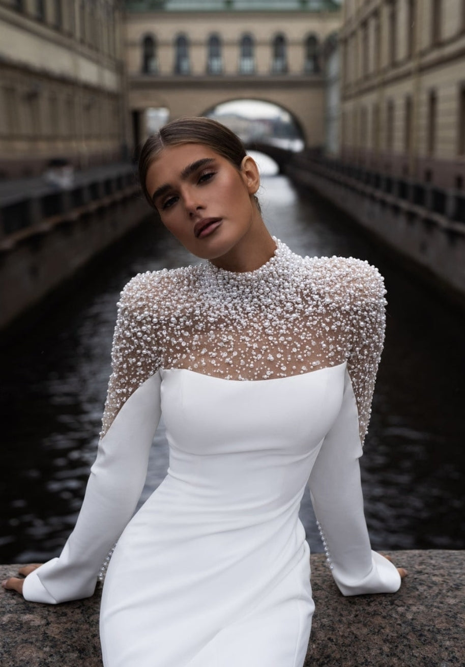 Half Sheer V Cut Sequin & Pearl Beaded Long Sleeve Satin Mix Pleated High Waisted Trumpet Gown