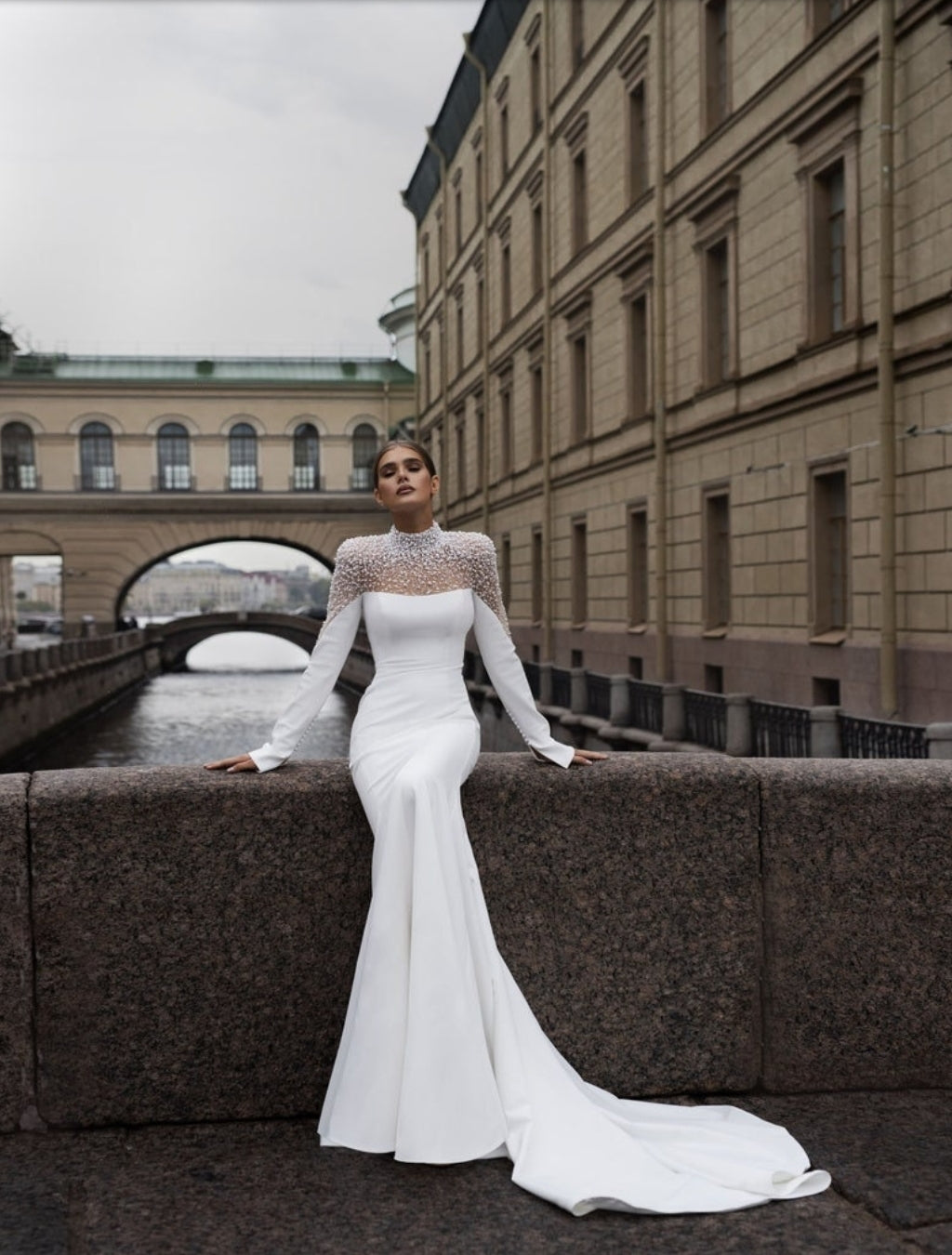 Half Sheer V Cut Sequin & Pearl Beaded Long Sleeve Satin Mix Pleated High Waisted Trumpet Gown