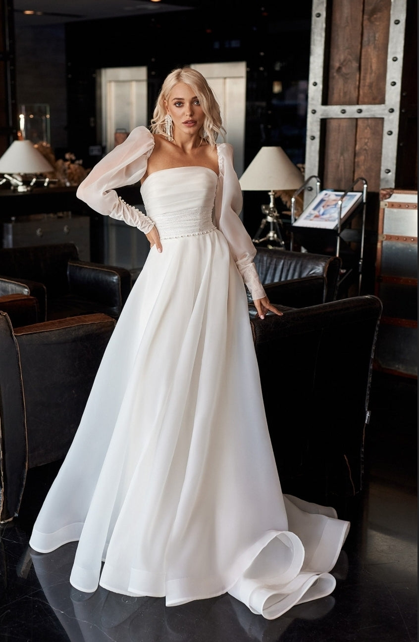 Strapless Pleated & Shimmer Bodice With Pearl Beading And Embellishment Waist Gown With Detached Sleeves