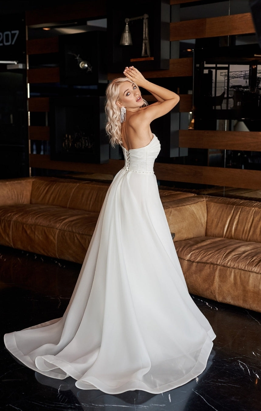 Strapless Pleated & Shimmer Bodice With Pearl Beading And Embellishment Waist Gown With Detached Sleeves
