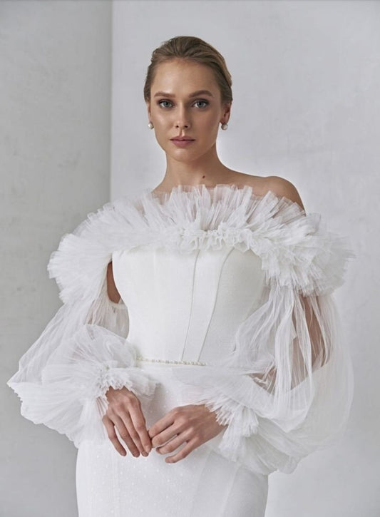 Detached Off The Shoulder Frill Plisse Tulle Sleeves