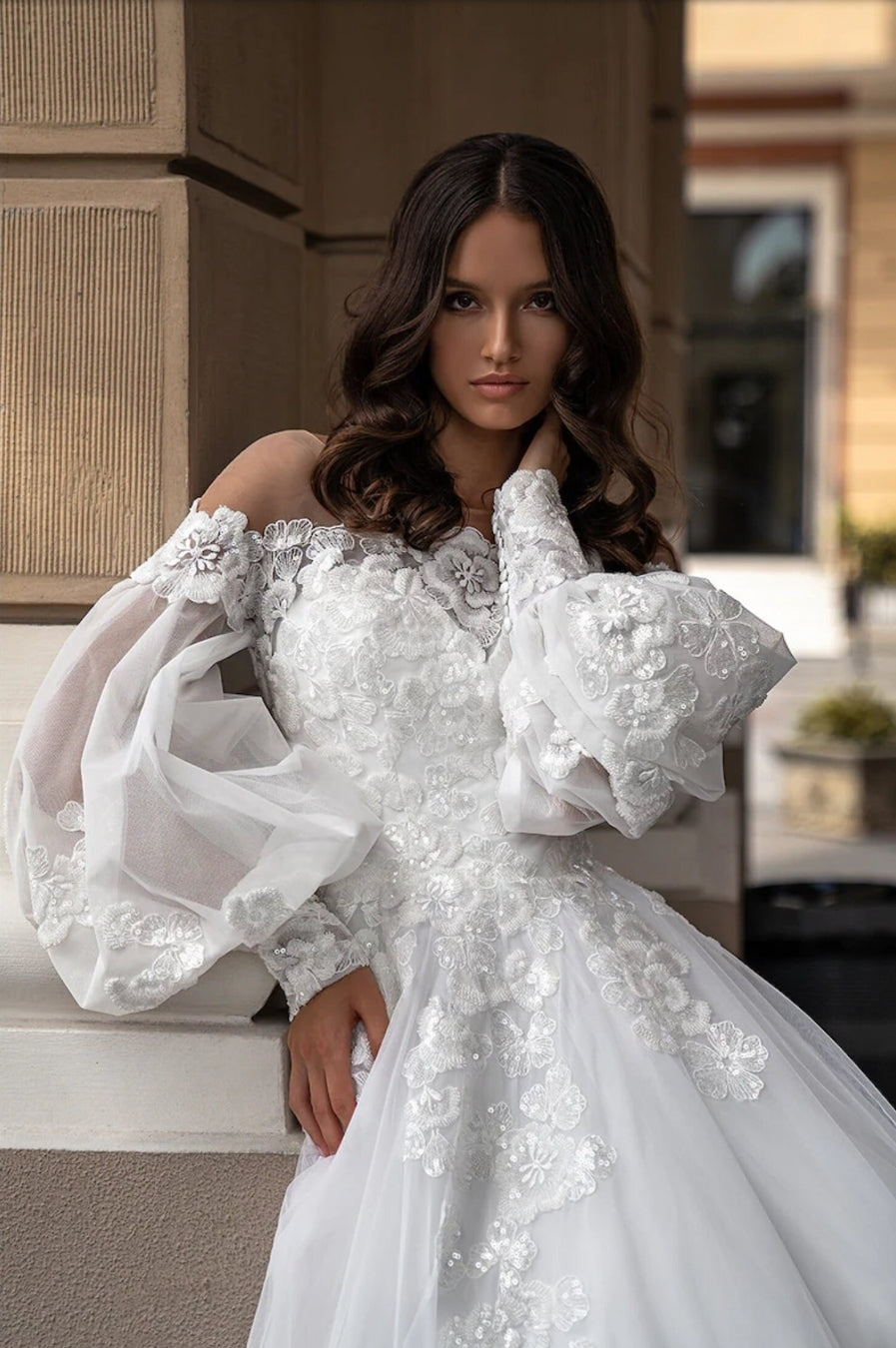 Floral Sequin & Beaded Appliqué A-Line Princess Gown With Detached Sleeves