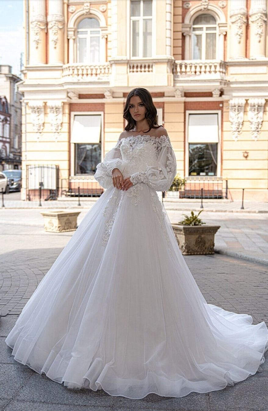 Floral Sequin & Beaded Appliqué A-Line Princess Gown With Detached Sleeves