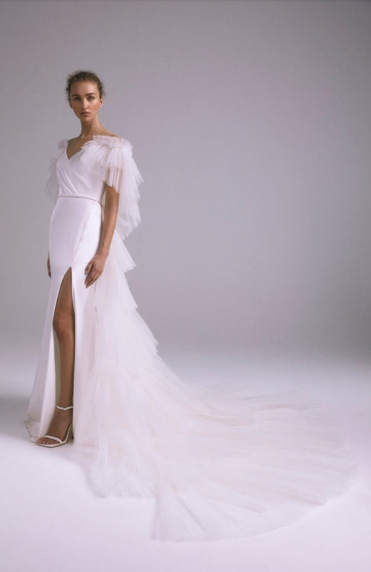 Layered Frill Off The Shoulder Pleated V Neck Sheath Gown With Detached Layered Tulle Train