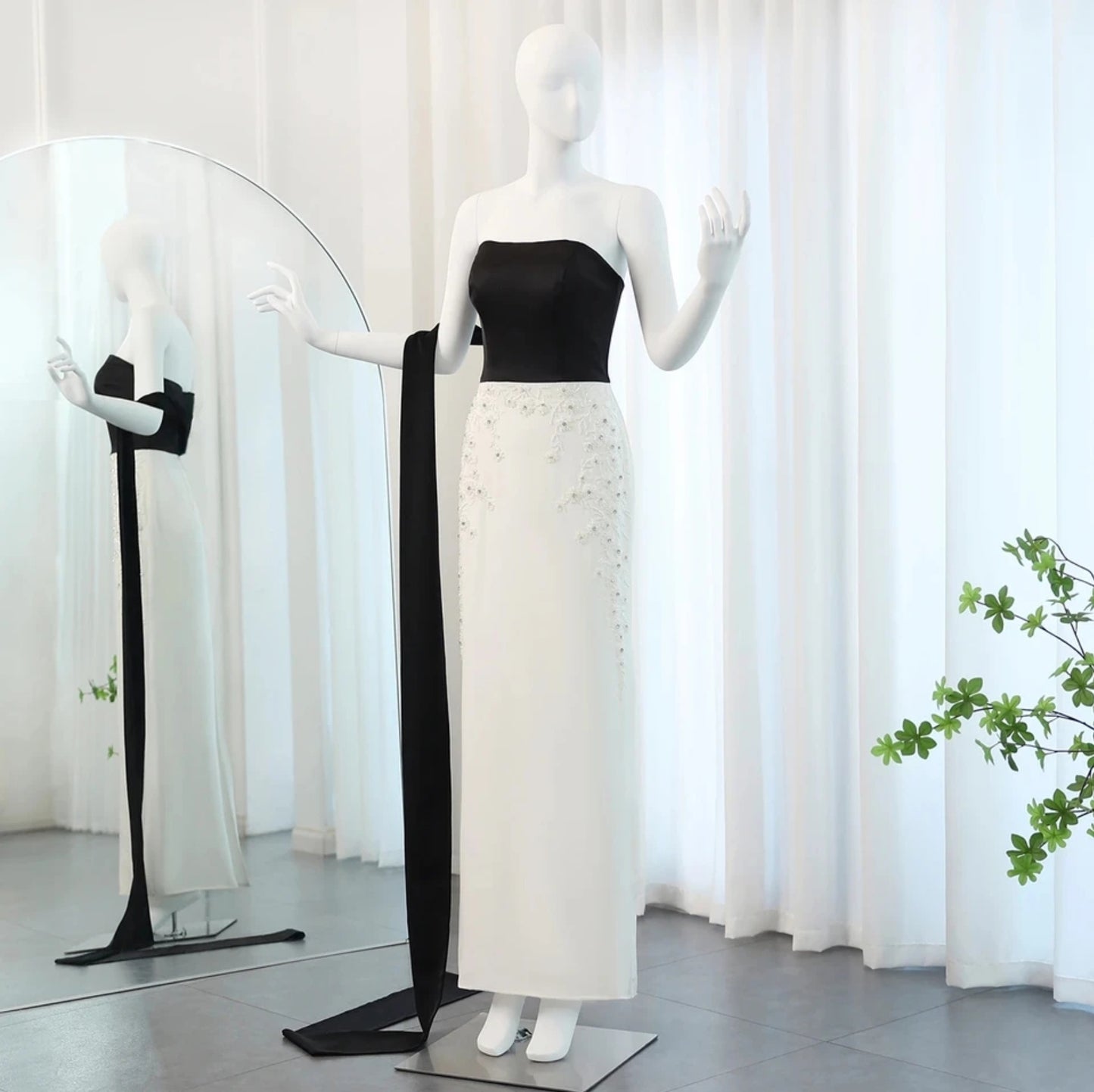 Strapless Black And White Floral Beaded Embellished Sheath Mother Of The Bride, Special Occasion Gown With Draping Black Shawl Train