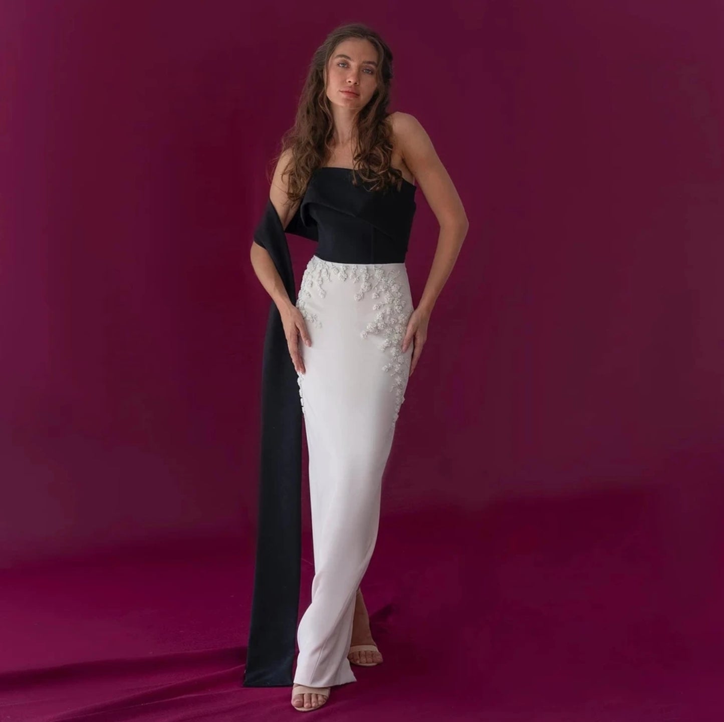 Strapless Black And White Floral Beaded Embellished Sheath Mother Of The Bride, Special Occasion Gown With Draping Black Shawl Train