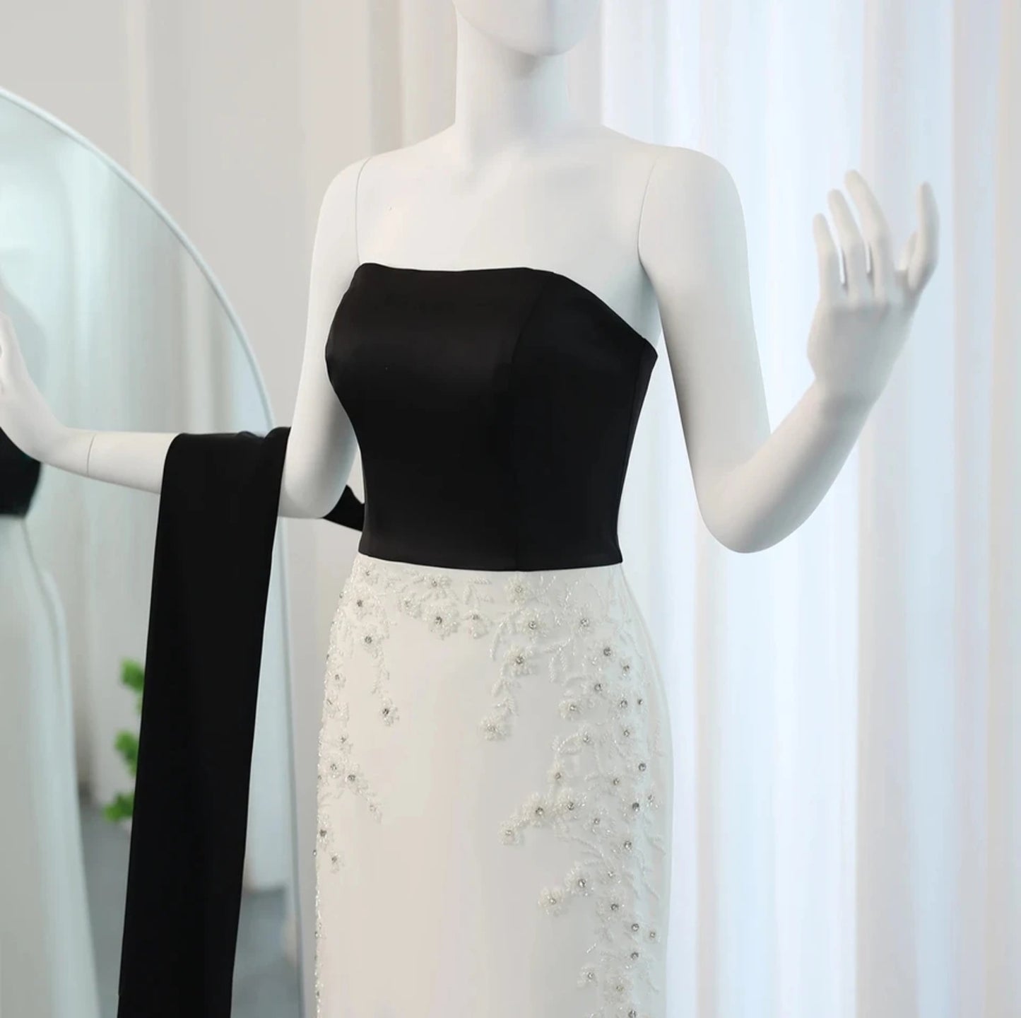Strapless Black And White Floral Beaded Embellished Sheath Mother Of The Bride, Special Occasion Gown With Draping Black Shawl Train