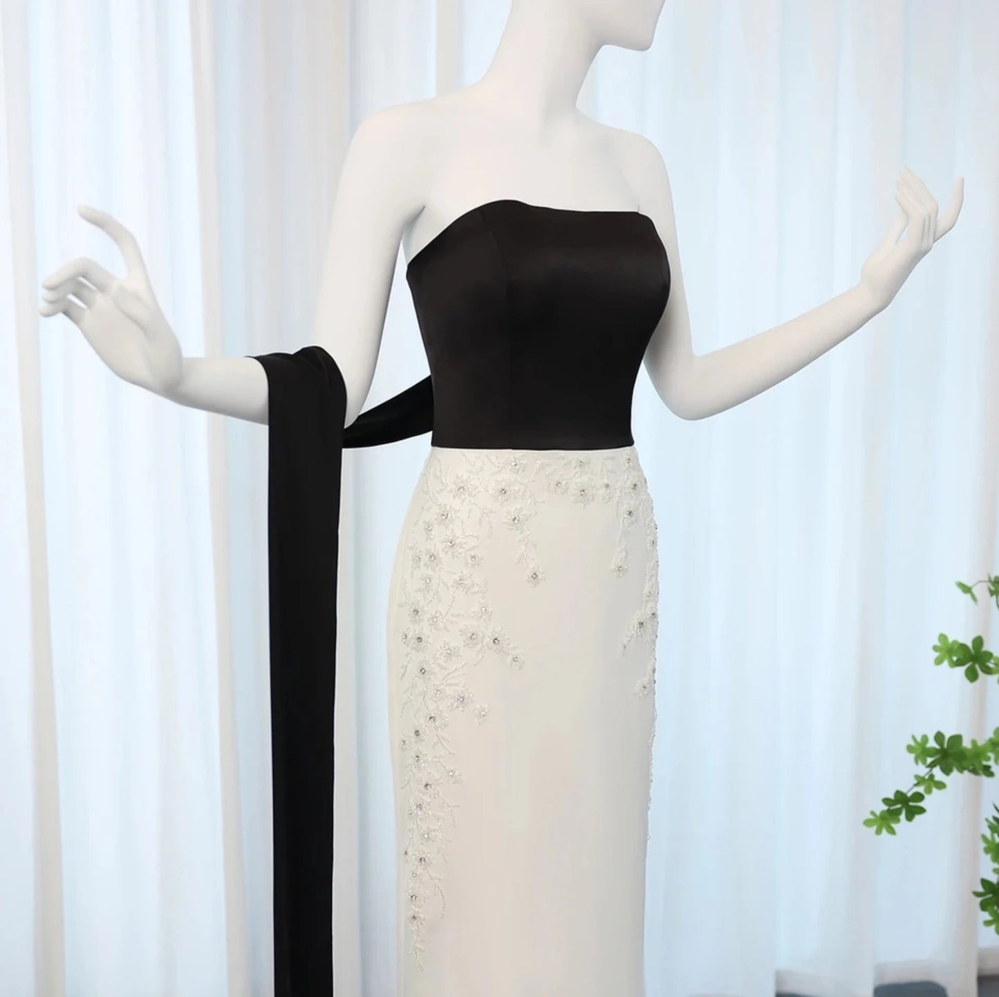 Strapless Black And White Floral Beaded Embellished Sheath Mother Of The Bride, Special Occasion Gown With Draping Black Shawl Train