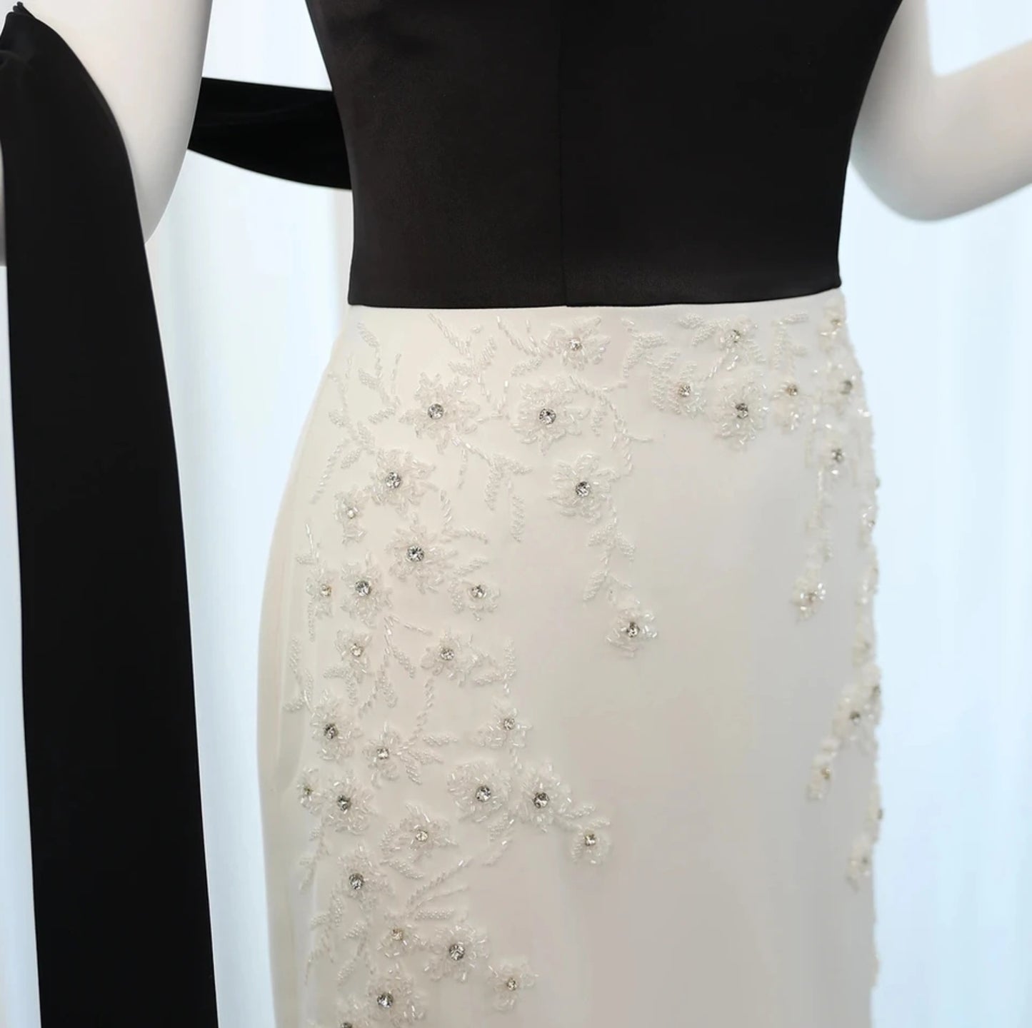 Strapless Black And White Floral Beaded Embellished Sheath Mother Of The Bride, Special Occasion Gown With Draping Black Shawl Train