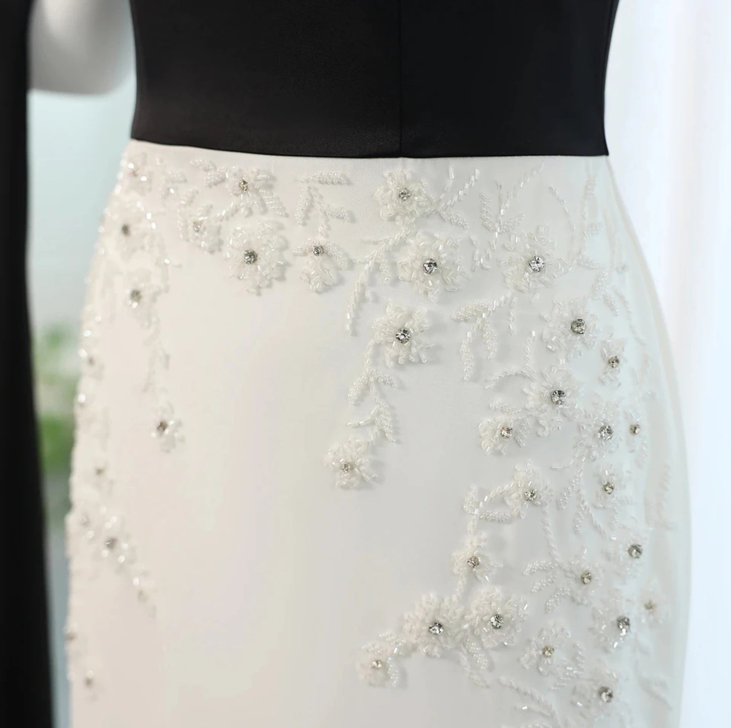 Strapless Black And White Floral Beaded Embellished Sheath Mother Of The Bride, Special Occasion Gown With Draping Black Shawl Train