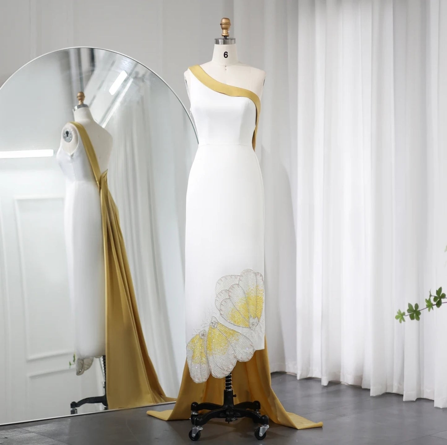 Pleated Draped One Shoulder Multi Beaded Purple/Yellow Sequinned Butterfly Hem Detail Special Occasion Dubai, Red Carpet, Mother Of The Bride, Event Gown