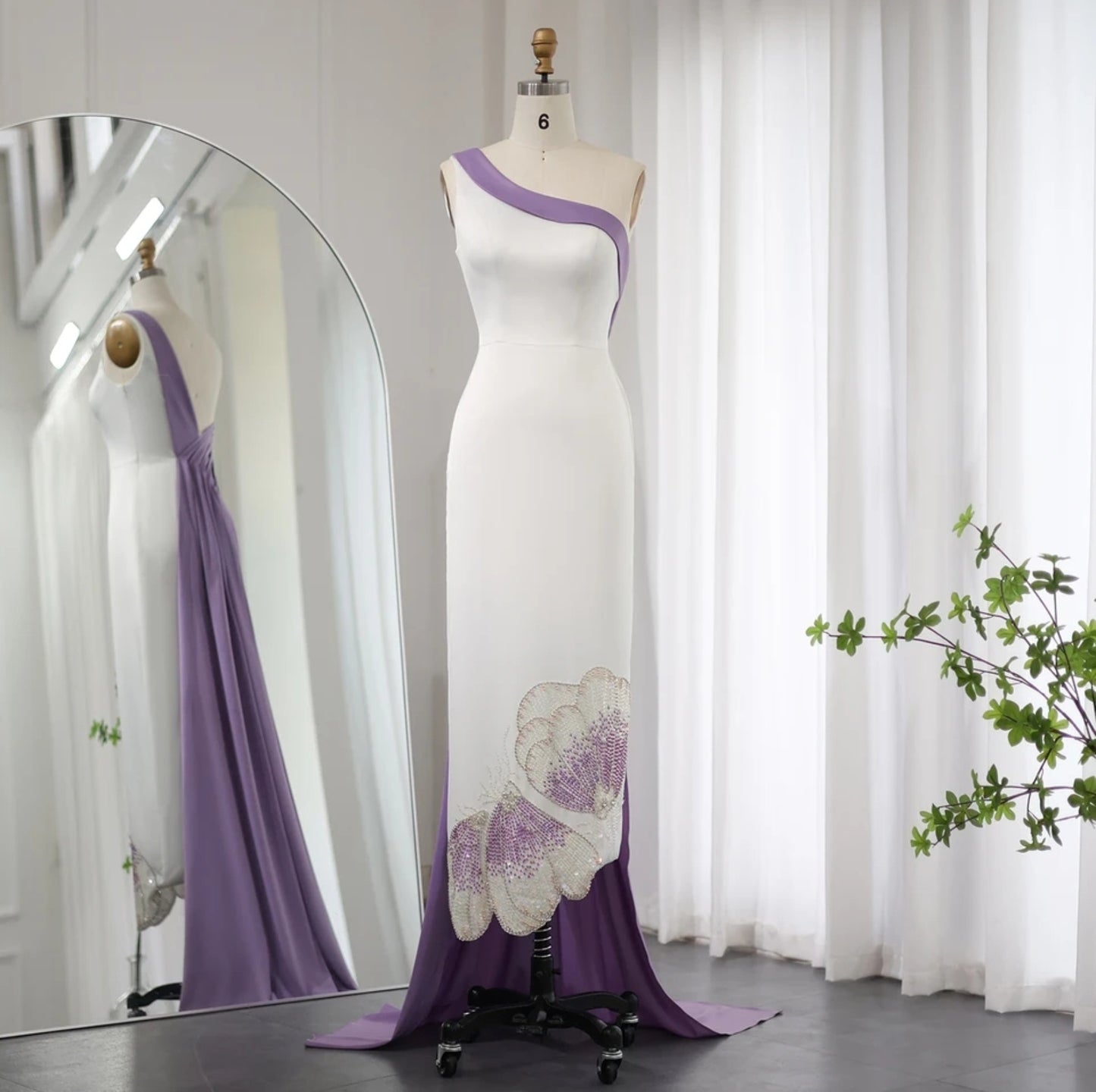 Pleated Draped One Shoulder Multi Beaded Purple/Yellow Sequinned Butterfly Hem Detail Special Occasion Dubai, Red Carpet, Mother Of The Bride, Event Gown