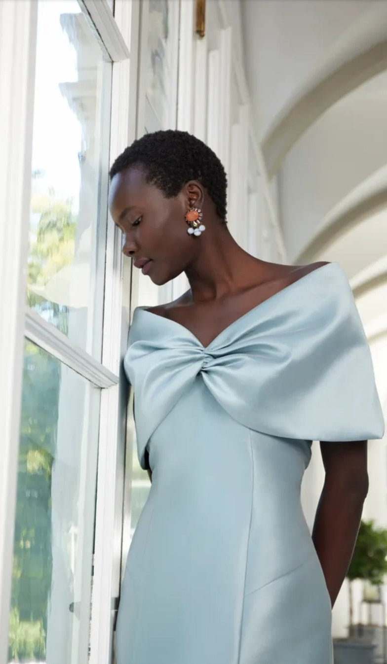 Off The Shoulder Bow Knot Pleated Trumpet Gown