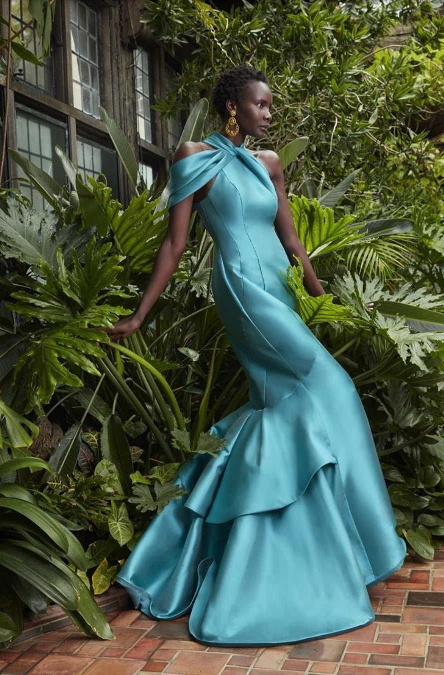 double layer pleated dress Irregular Pleated Halter Mermaid/Trumpet Gown With Double Layer Ruffle