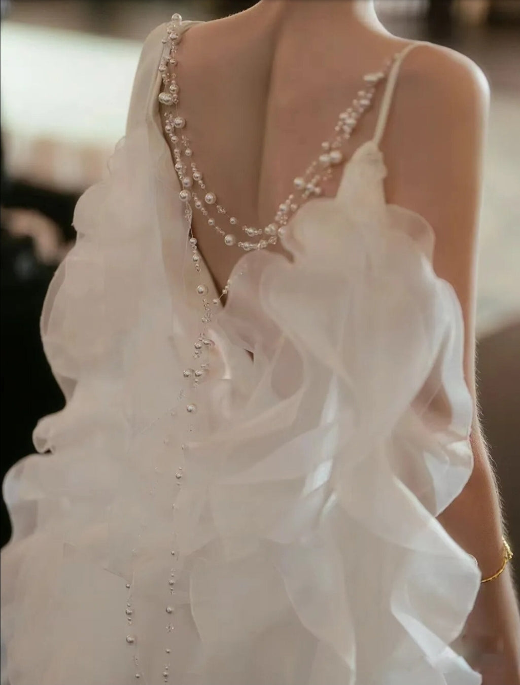 Elegant Draped Pearl Beaded Back Layered And Ruffled Organza Bridal Special Occasion Cape