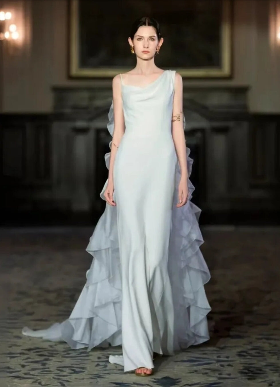 Elegant Draped Pearl Beaded Back Layered And Ruffled Organza Bridal Special Occasion Cape