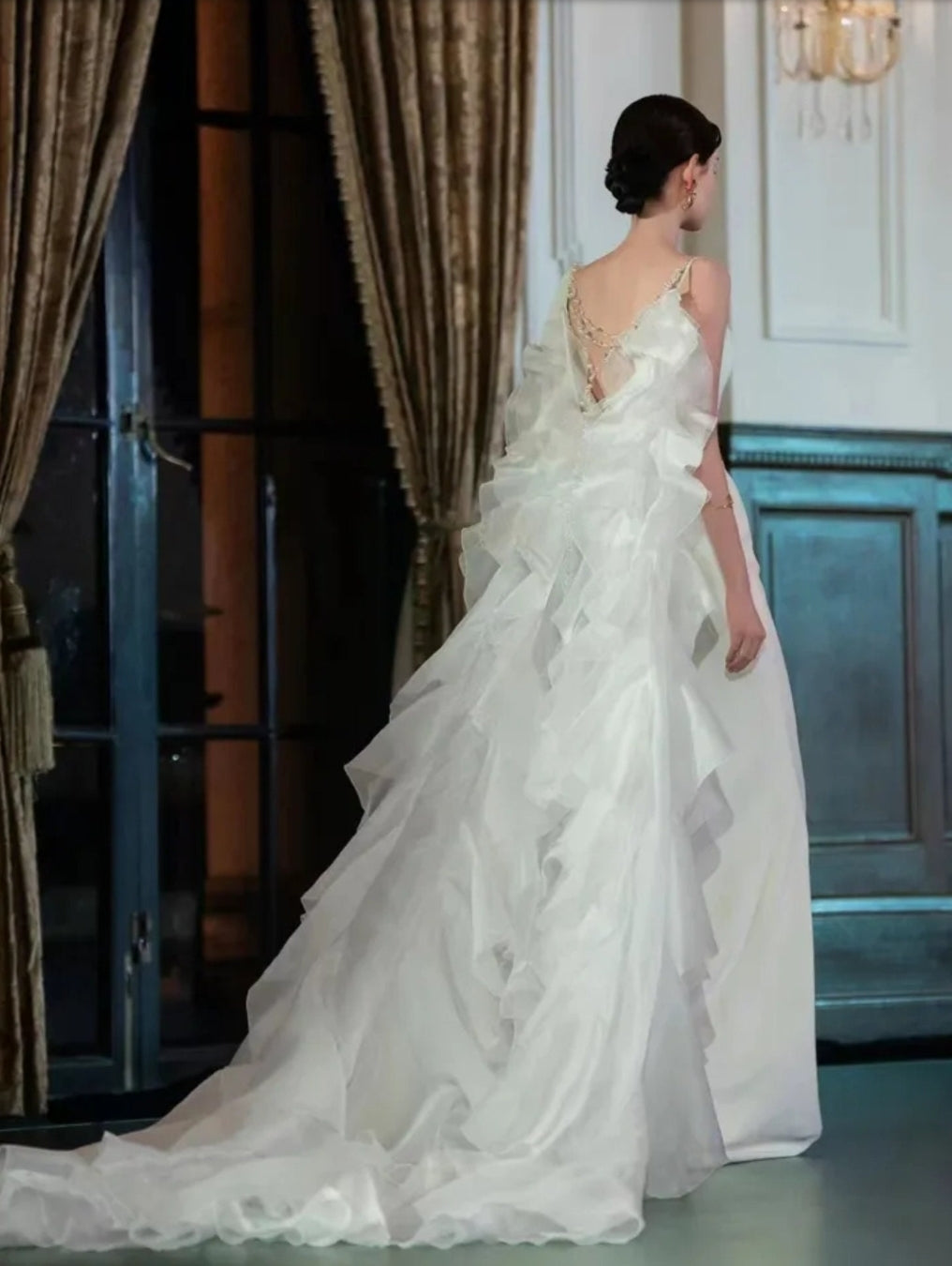 Elegant Draped Pearl Beaded Back Layered And Ruffled Organza Bridal Special Occasion Cape