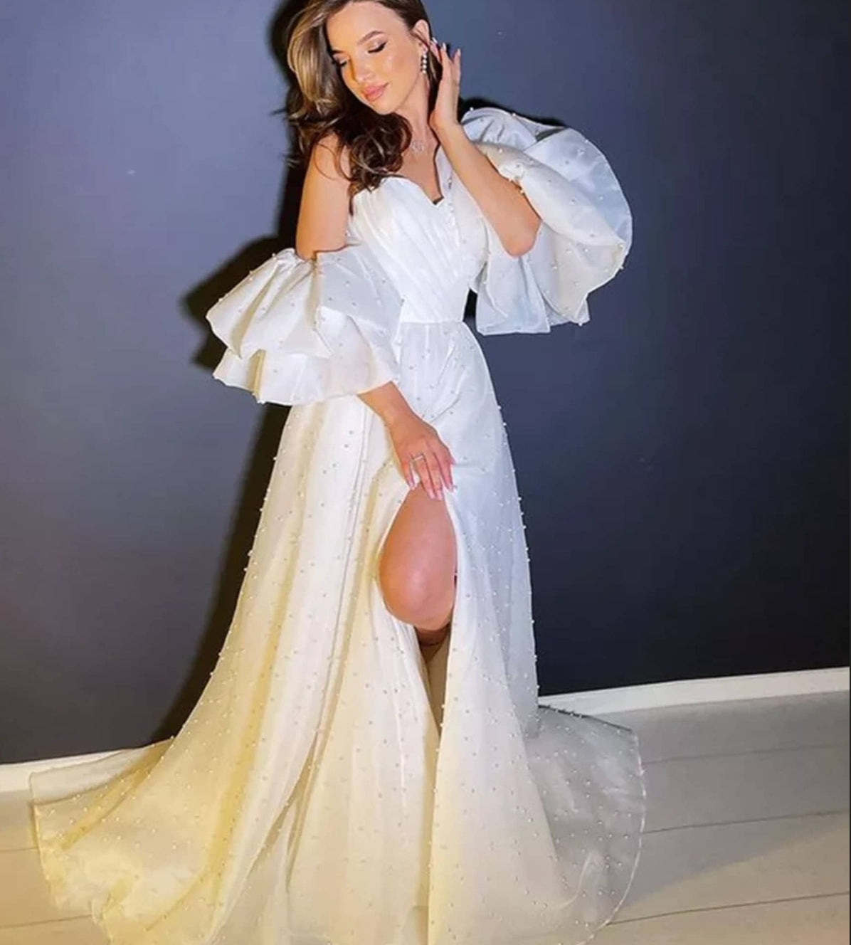 Detached Pearl Beaded Organza Double Layered Bardot Frill Sleeves