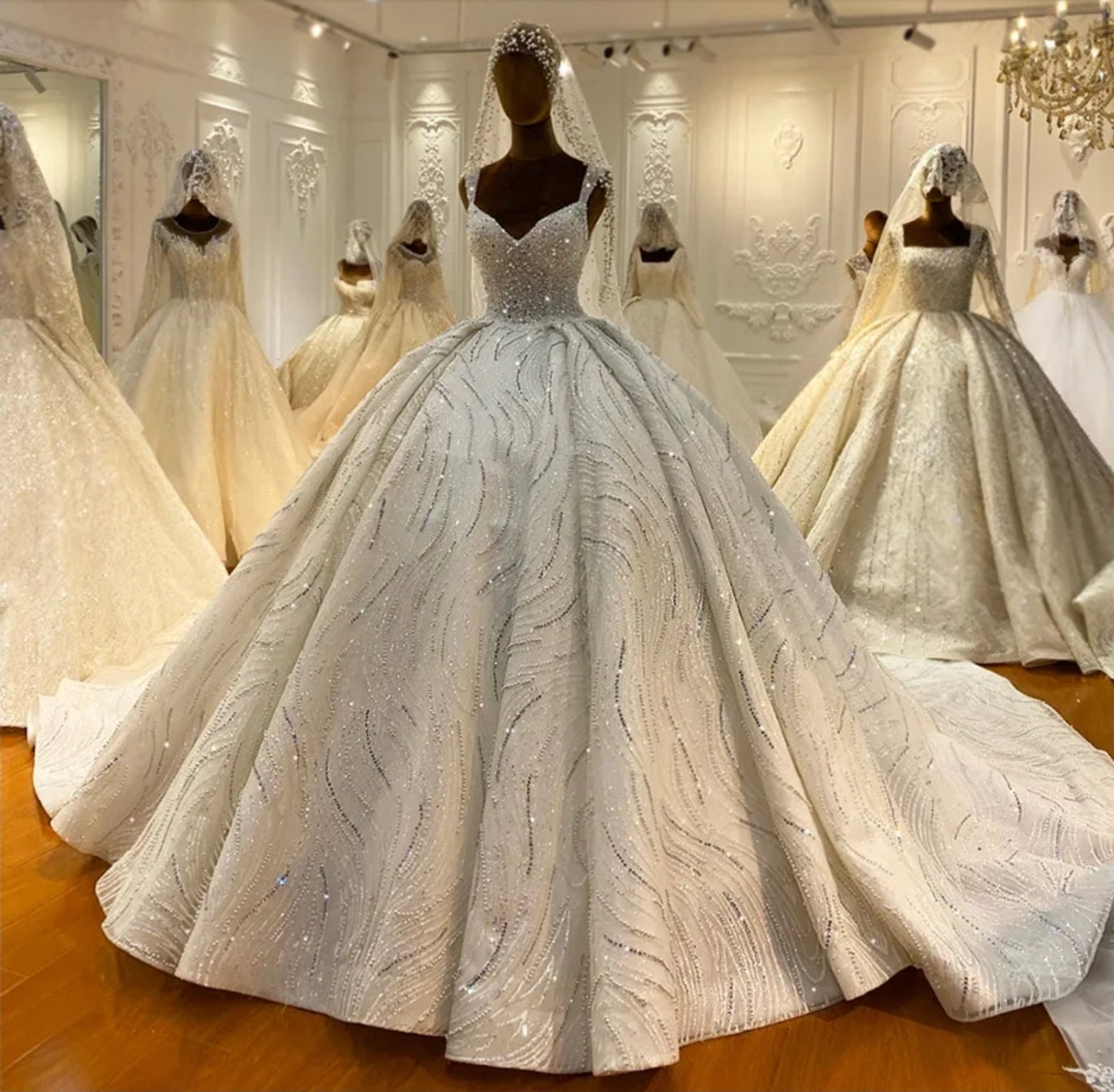 Gorgeous Sleeveless V Neck Multi Beaded And Hand Beaded Sequin Lace Princess Wedding Ball Gown