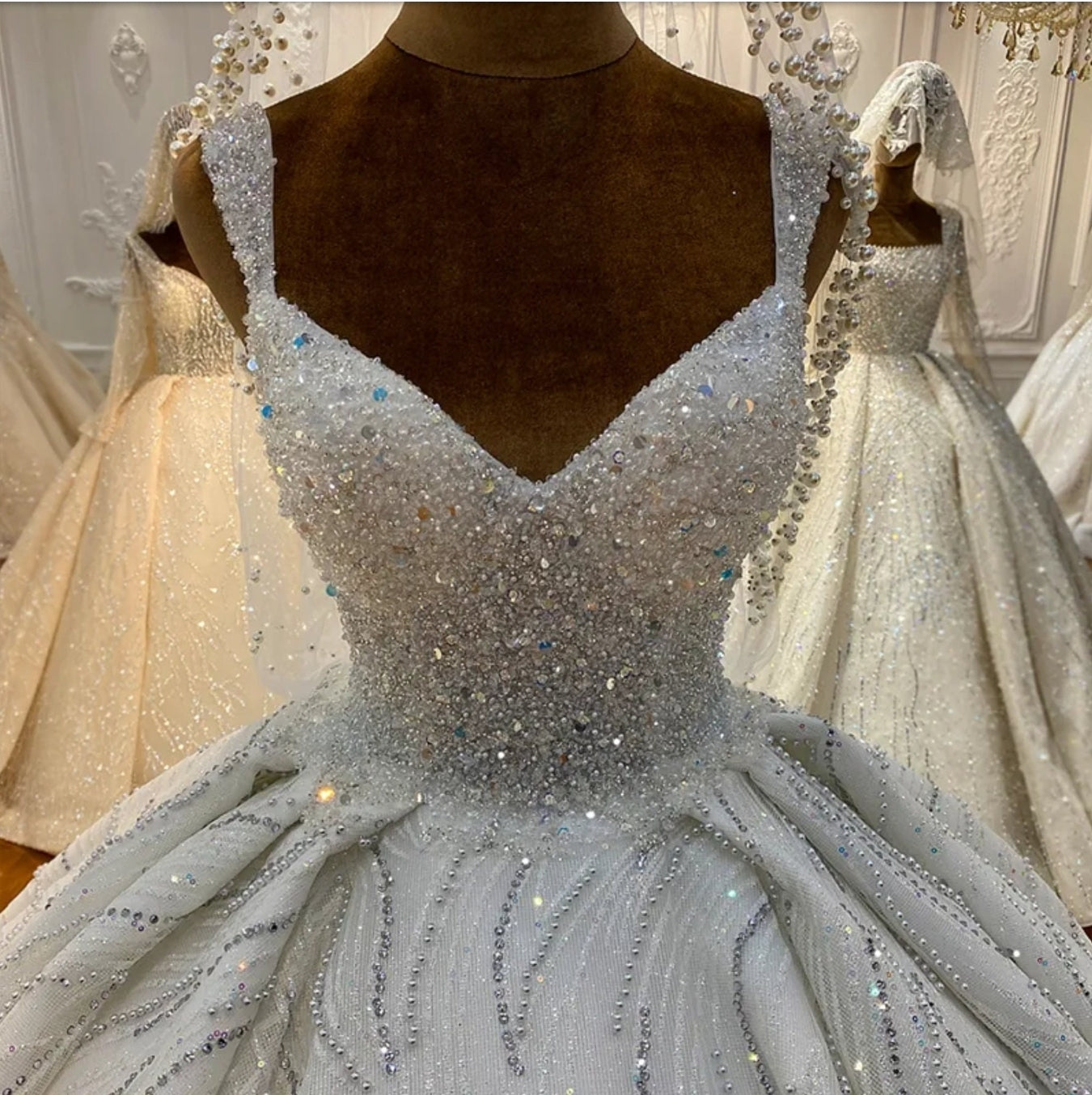 Gorgeous Sleeveless V Neck Multi Beaded And Hand Beaded Sequin Lace Princess Wedding Ball Gown