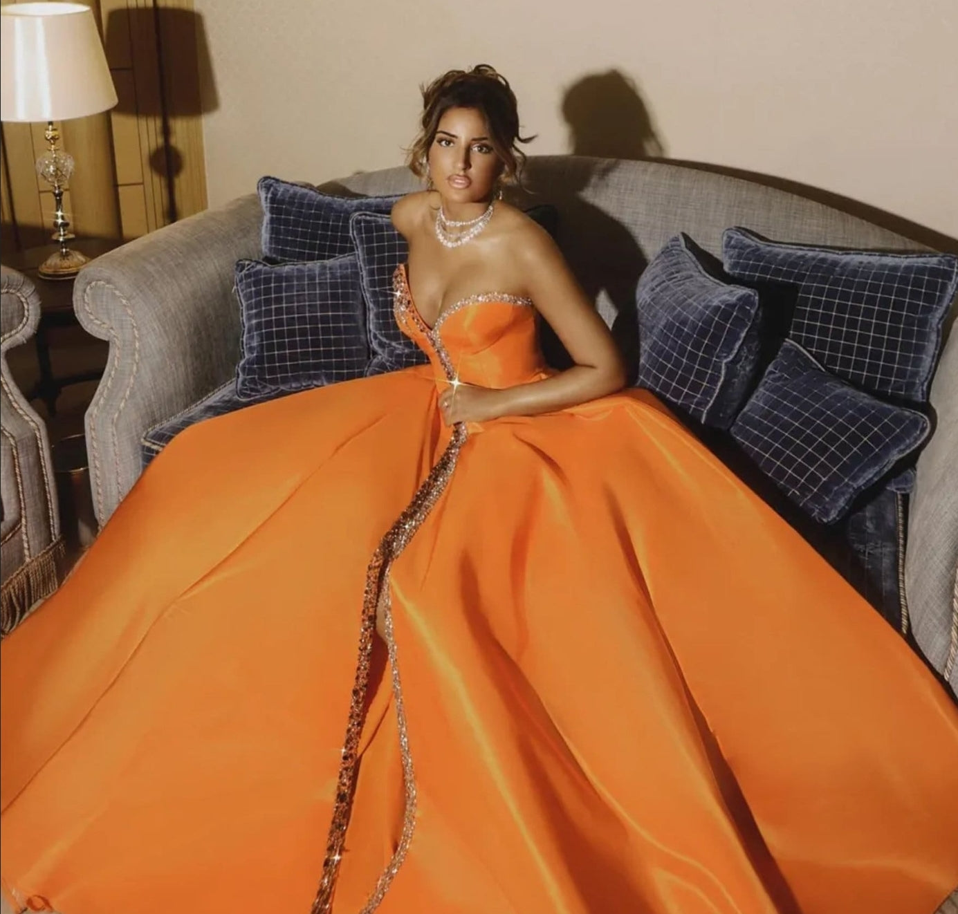 Sleeveless Orange Crystal Beaded Embellished Trimmed Irregular V Neck High Split Hem Special Occasion Evening Gown