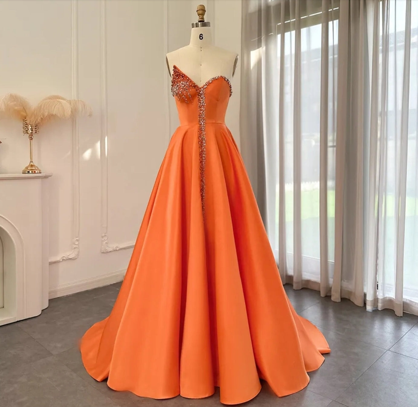 Sleeveless Orange Crystal Beaded Embellished Trimmed Irregular V Neck High Split Hem Special Occasion Evening Gown