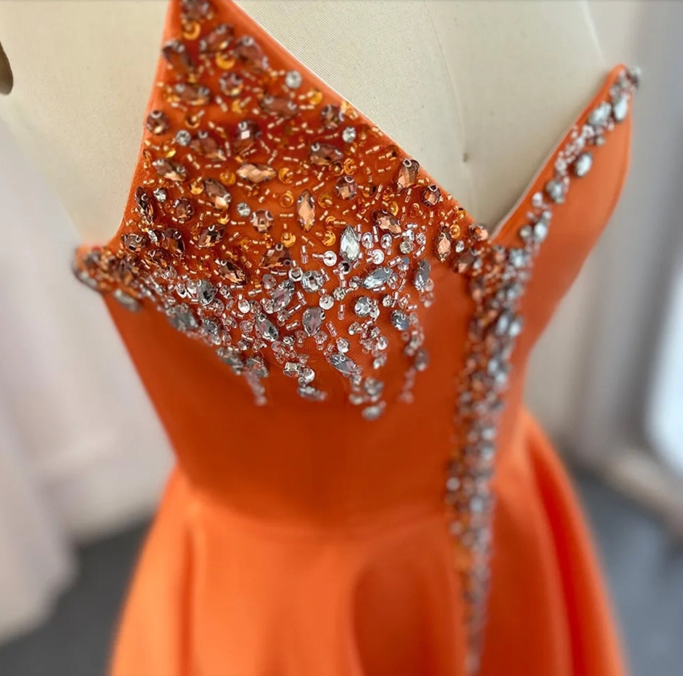 Sleeveless Orange Crystal Beaded Embellished Trimmed Irregular V Neck High Split Hem Special Occasion Evening Gown