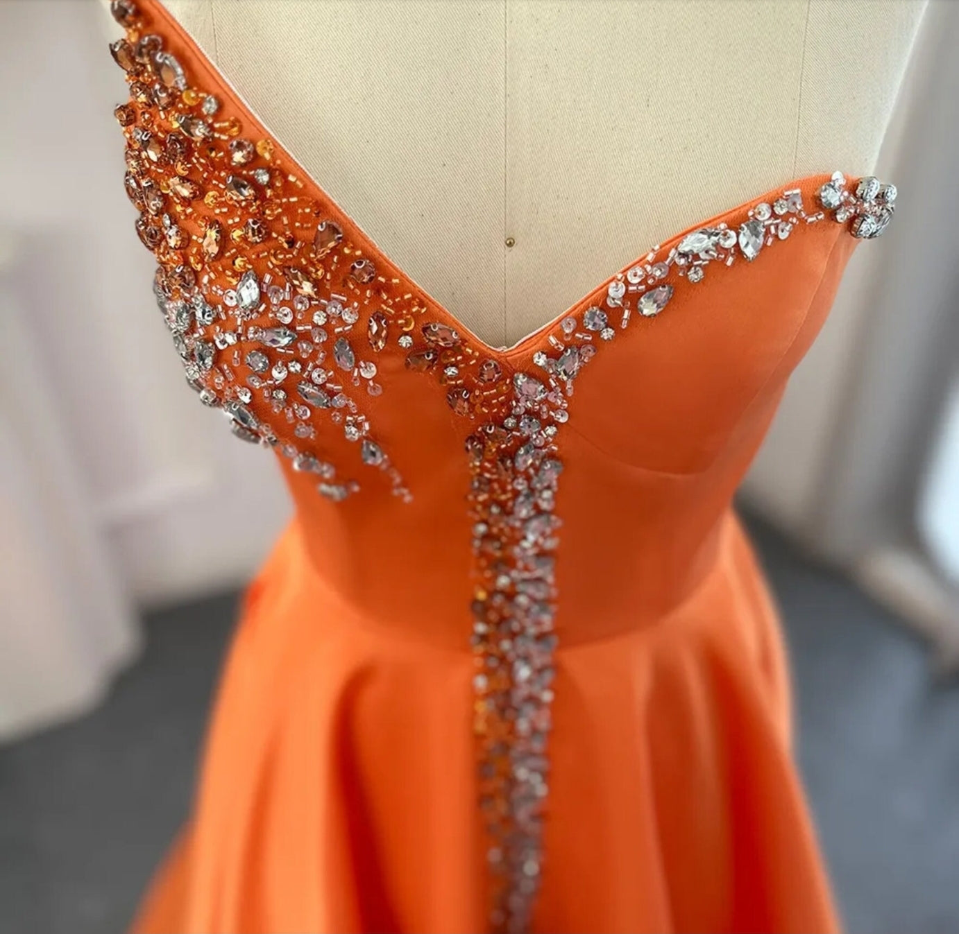 Sleeveless Orange Crystal Beaded Embellished Trimmed Irregular V Neck High Split Hem Special Occasion Evening Gown