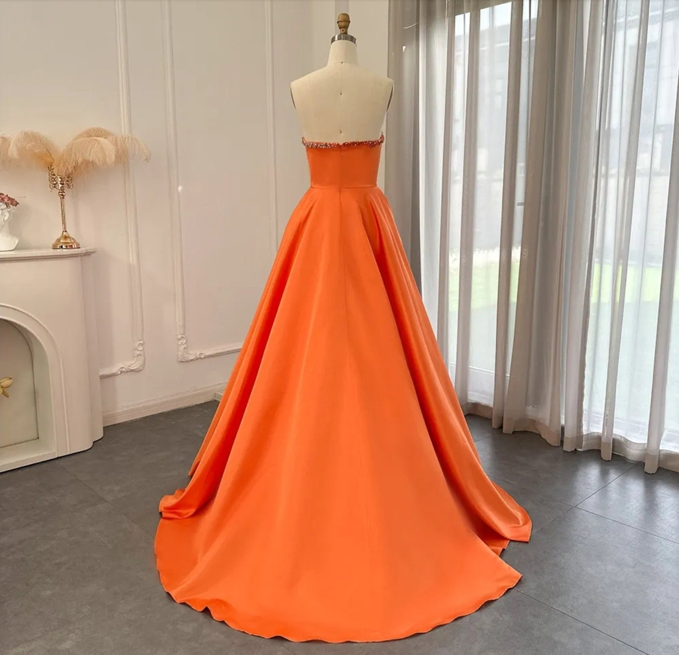 Sleeveless Orange Crystal Beaded Embellished Trimmed Irregular V Neck High Split Hem Special Occasion Evening Gown